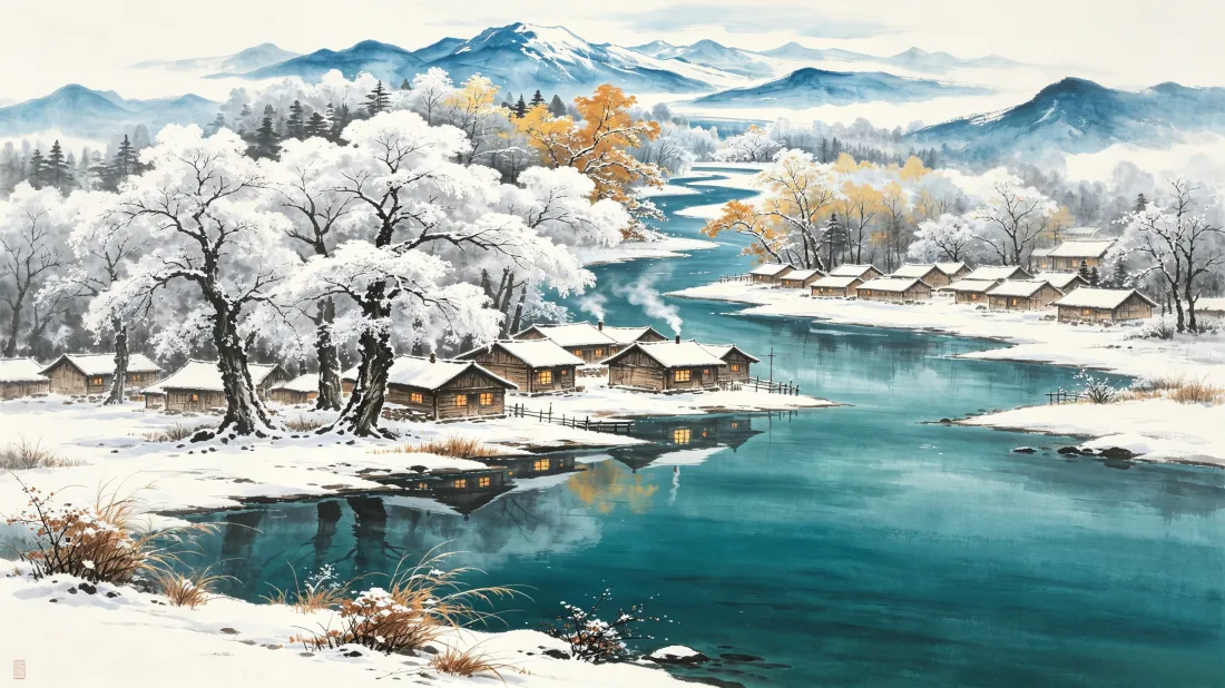 3k冬日雪乡雪景｜河畔木屋背景图片 - 雾凇青山碧水村落「哲风壁纸」