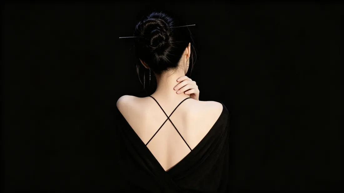 3k露背美女壁纸｜黑色背景图片 - 盘发氛围感「哲风壁纸」