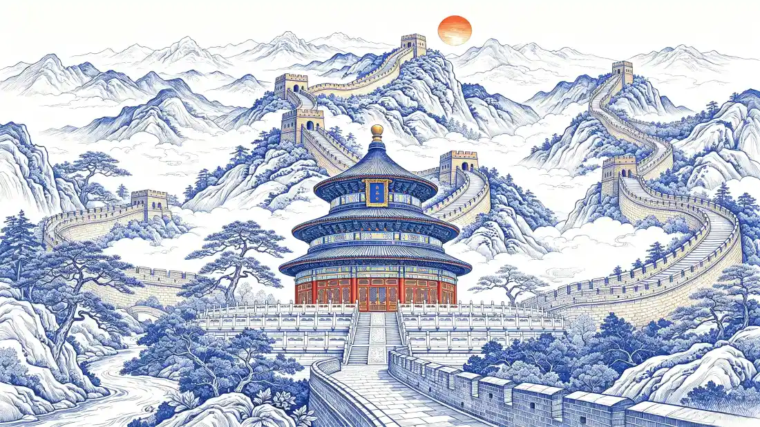 3k天坛祈年殿长城壁纸｜国风古建筑背景图片 - 山水朝阳手绘风景「哲风壁纸」