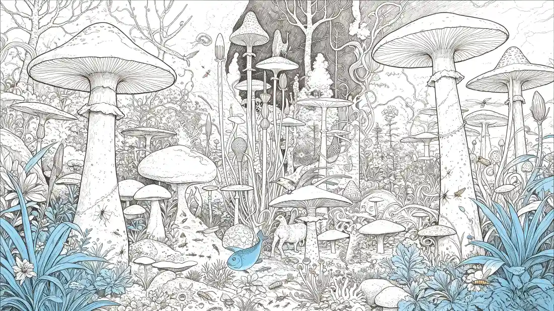 3k蘑菇森林线稿｜奇幻森林背景图片 - 手绘童话场景「哲风壁纸」