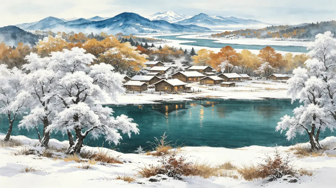 3k雪村雾凇壁纸｜湖畔雪景背景图片 - 冬日村落「哲风壁纸」
