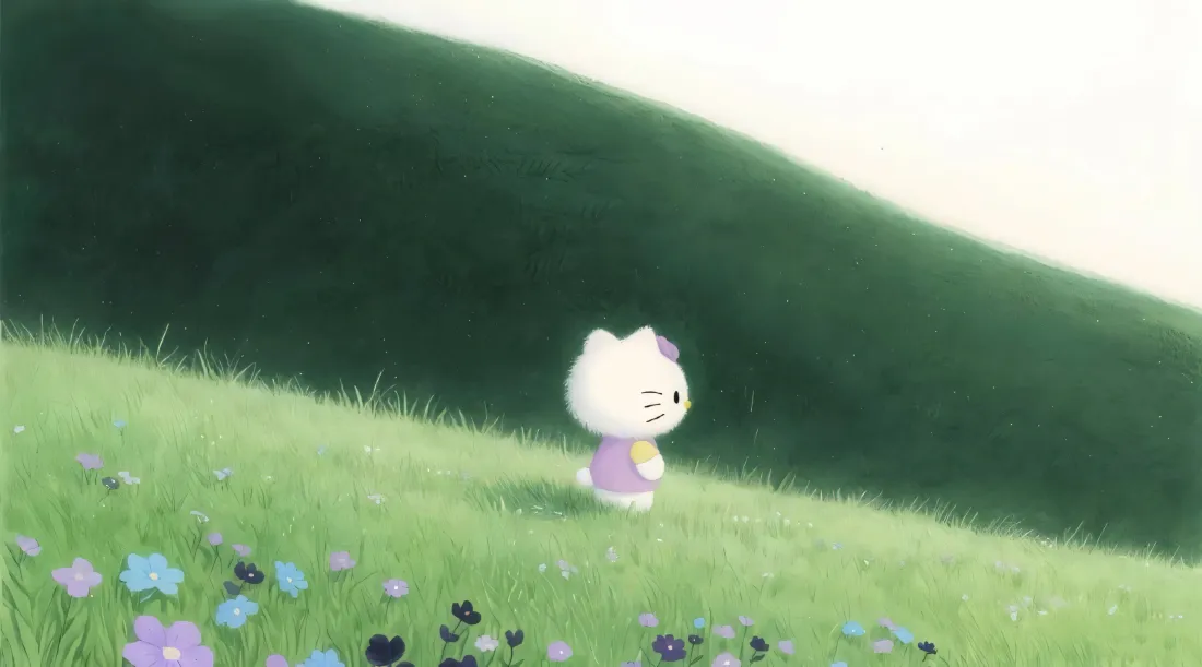 3k凯蒂猫壁纸｜草地花丛背景图片 - 治愈系卡通郊野场景「哲风壁纸」