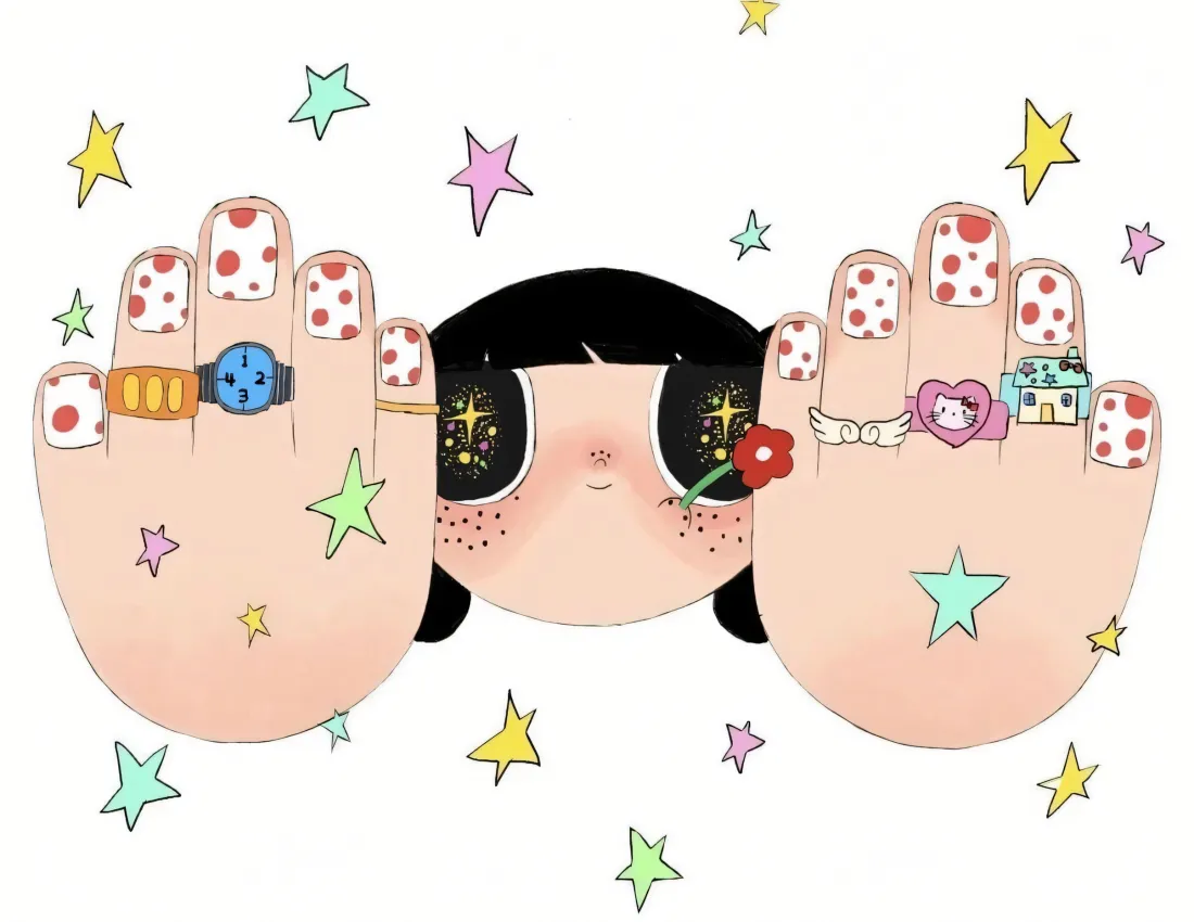2k卡通女孩壁纸｜双手捂脸背景图片 - 波点美甲星星装饰「哲风壁纸」