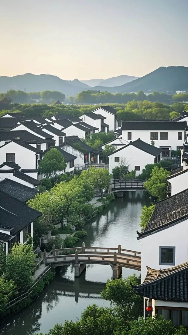 4k远山壁纸 - 绿树 - 河道 - 古村落「哲风壁纸」