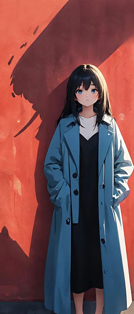 蓝风衣少女手机壁纸｜红墙背景图片 - 黑长直插兜「哲风壁纸」