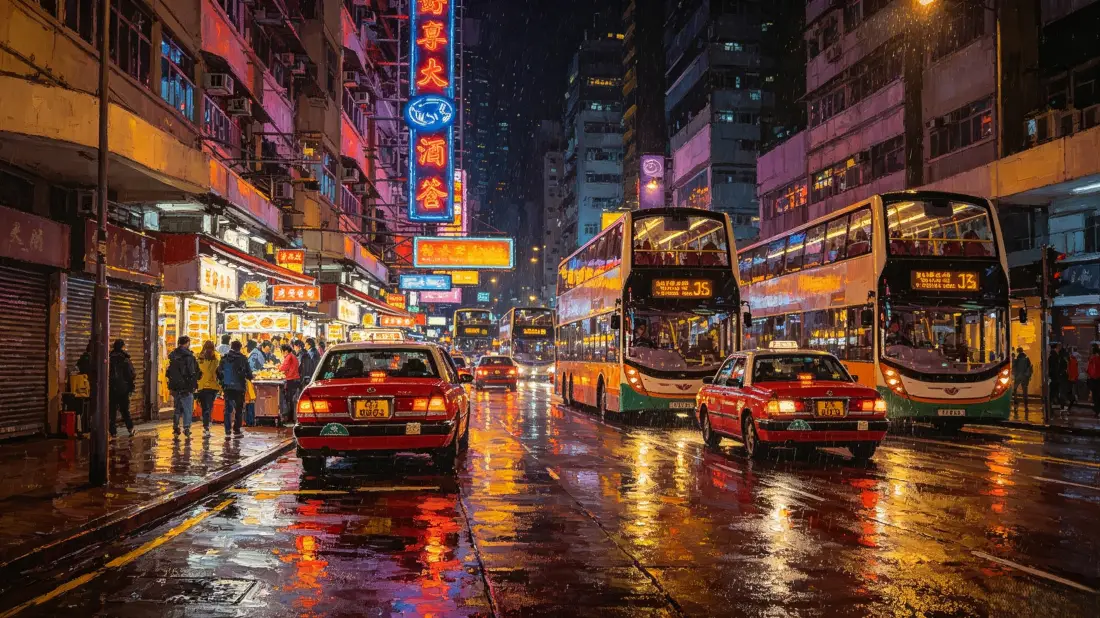 3k香港街景壁纸｜雨夜霓虹背景图片 - 繁华都市车流「哲风壁纸」