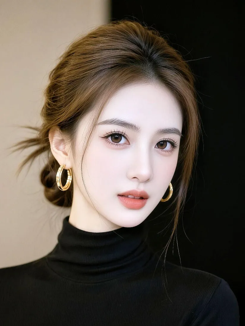 气质美女手机壁纸｜黑高领穿搭背景图片 - 低盘发氛围感「哲风壁纸」