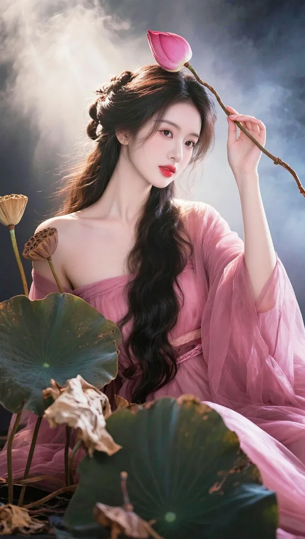 古风粉衣美女手机壁纸｜荷花背景图片 - 氛围感「哲风壁纸」