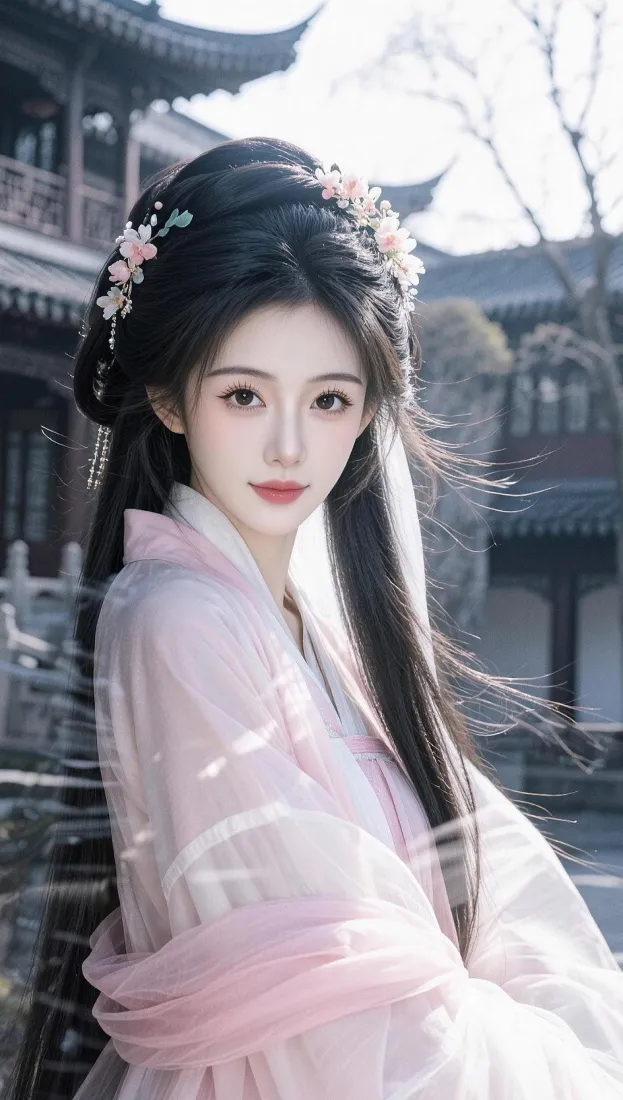古风汉服美女手机壁纸｜江南园林背景图片 - 粉衣温婉女子「哲风壁纸」
