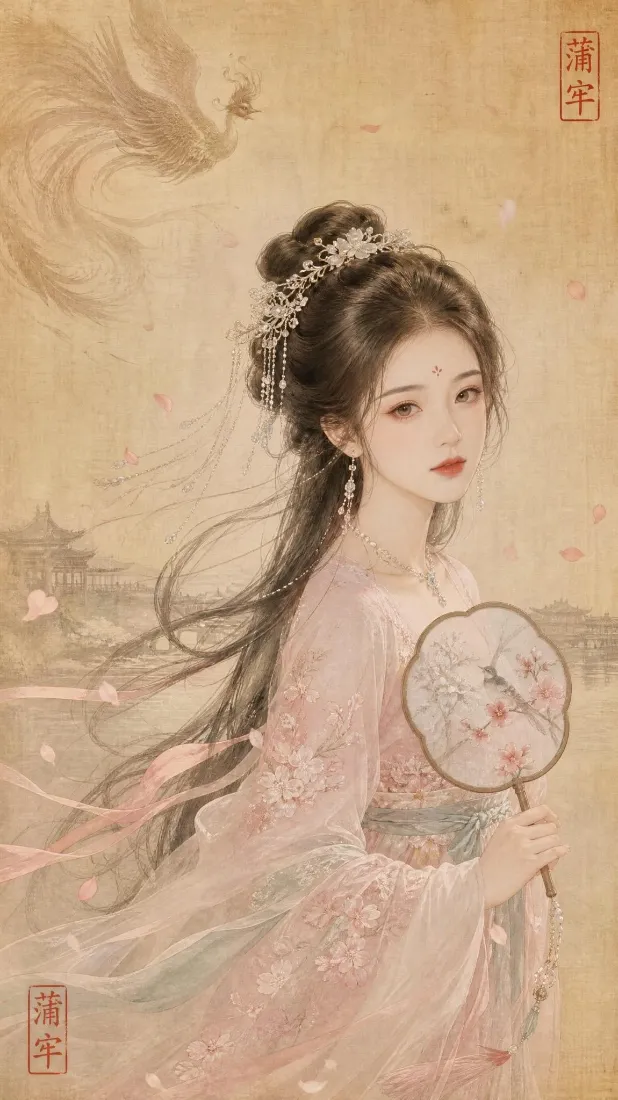古风仕女手机壁纸｜国风工笔背景图片 - 汉服女子执团扇「哲风壁纸」