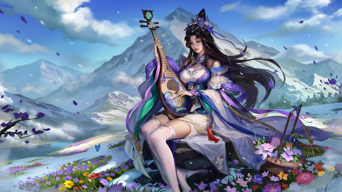 4k三国杀蔡文姬壁纸｜古风山水花海背景图片 - 抱琵琶紫裙美人「哲风壁纸」