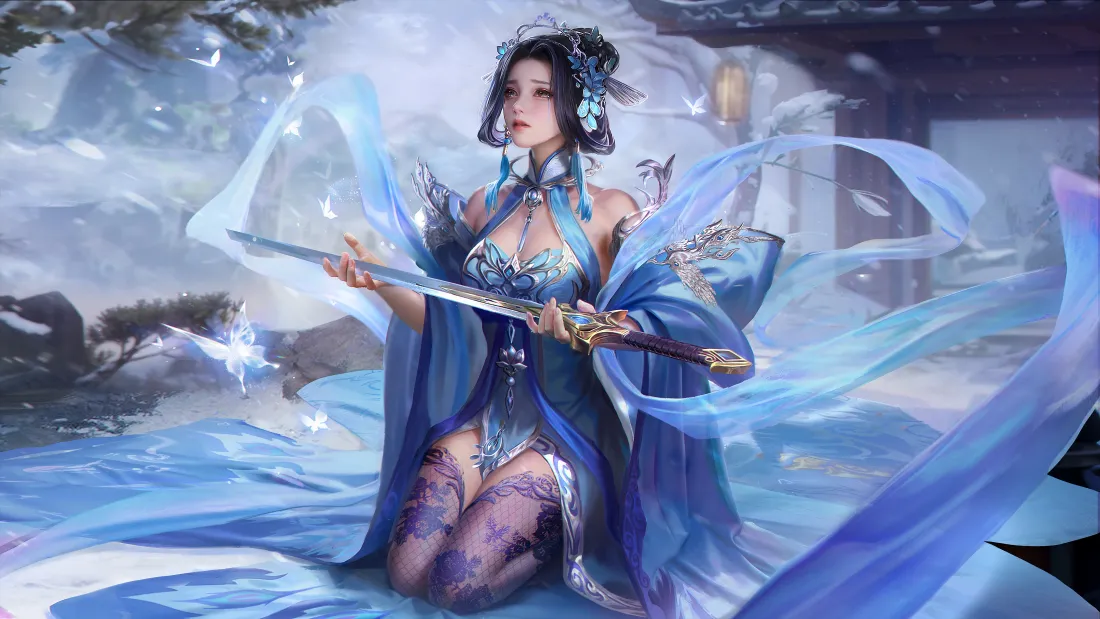4k三国杀丁尚涴壁纸｜蓝裙持剑背景图片 - 古风游戏女性立绘「哲风壁纸」