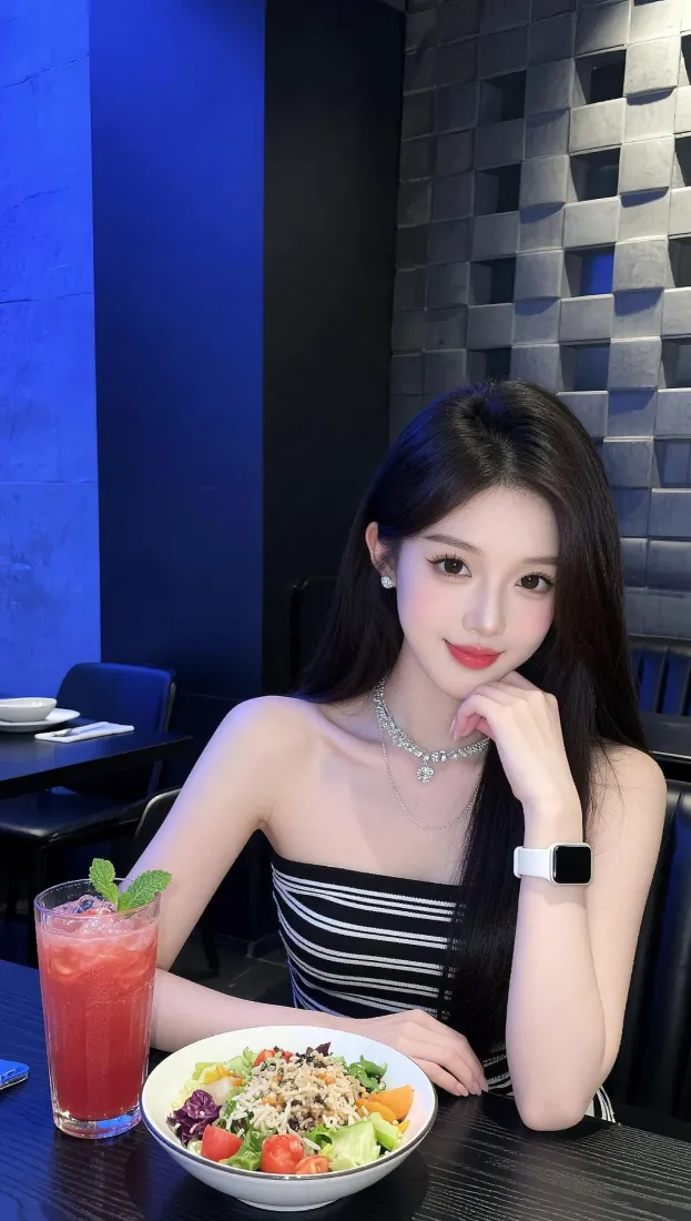 长发美女｜餐厅用餐背景图片 - 条纹抹胸托腮氛围感「哲风壁纸」