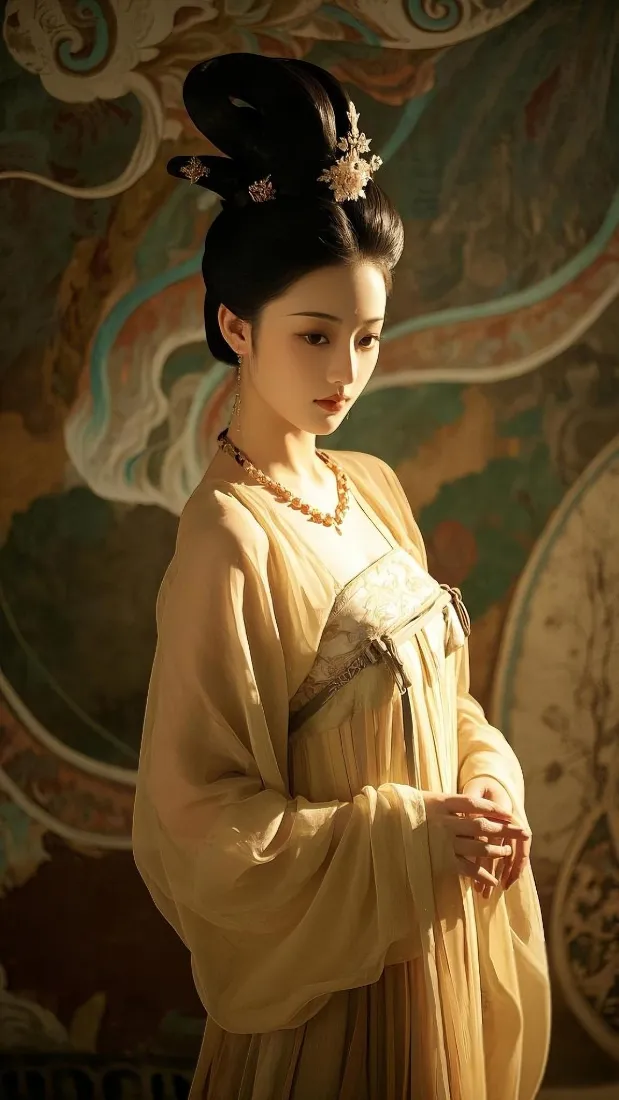 古风汉服女子手机壁纸｜敦煌壁画背景 - 暖光唐风氛围感「哲风壁纸」