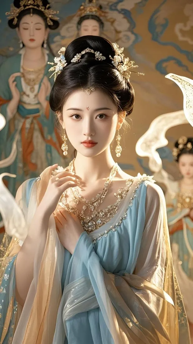 敦煌飞天仙女手机壁纸｜古风蓝衣背景图片 - 国风壁画仙姿「哲风壁纸」