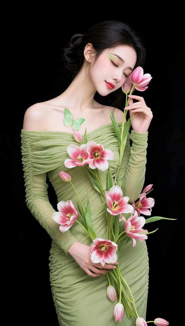 气质美女｜郁金香写真背景图片 - 露肩绿裙氛围感「哲风壁纸」