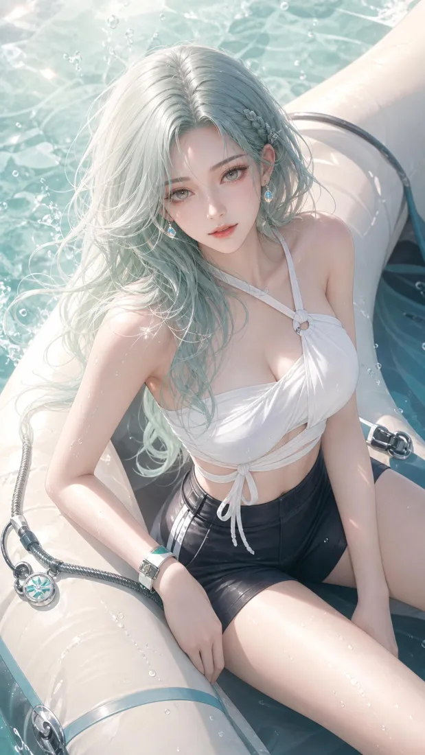 泳装绿发美女手机壁纸｜泳池夏日背景图片 - 清新泳装少女「哲风壁纸」