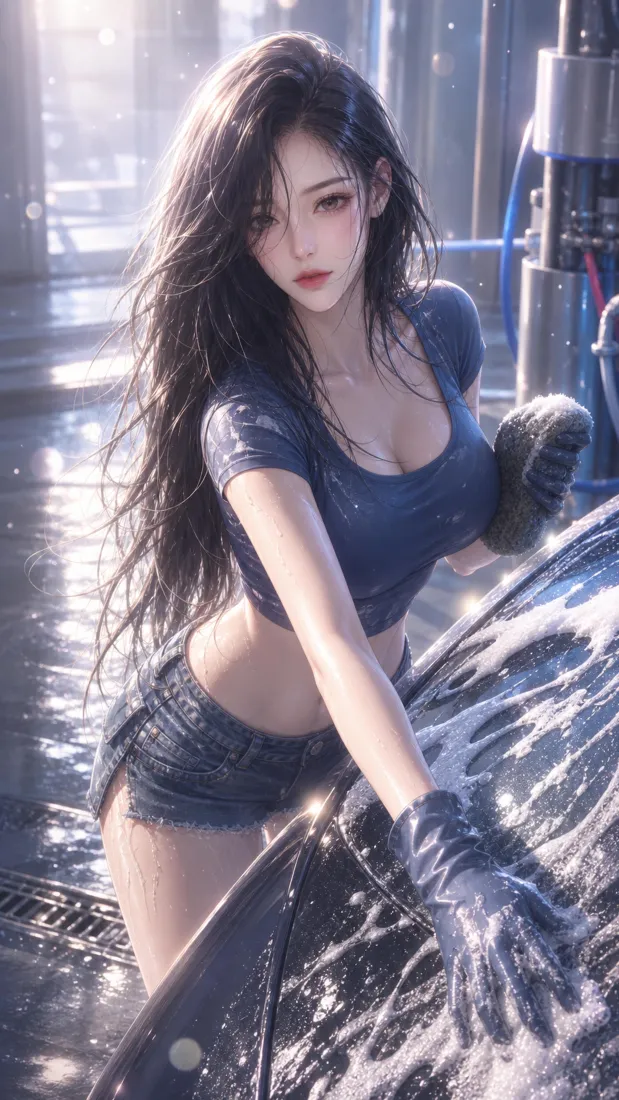 洗车美女手机壁纸｜逆光泡沫背景图片 - 蓝短袖牛仔短裤热辣少女「哲风壁纸」