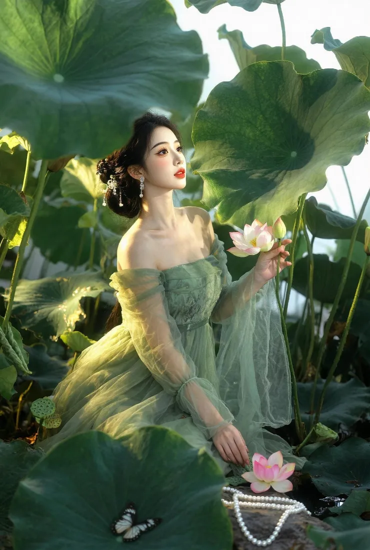 古风美女手机壁纸｜荷塘背景图片 - 绿纱裙荷花写真「哲风壁纸」