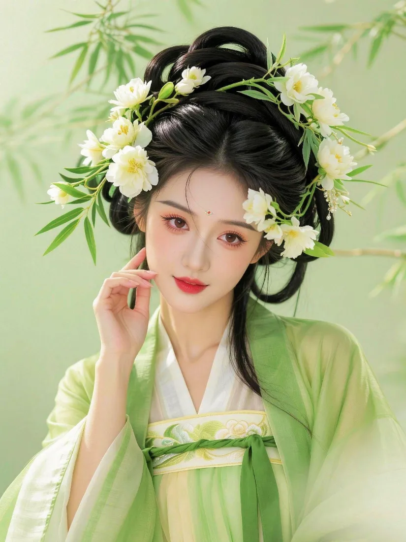 古风汉服美女手机壁纸｜绿色齐胸襦裙背景图片 - 白花发饰清新氛围感「哲风壁纸」