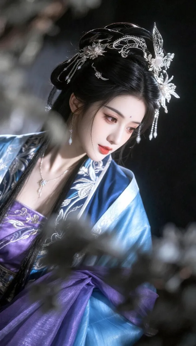 古风汉服美人手机壁纸｜蓝紫古装背景图片 - 银饰清冷氛围感「哲风壁纸」