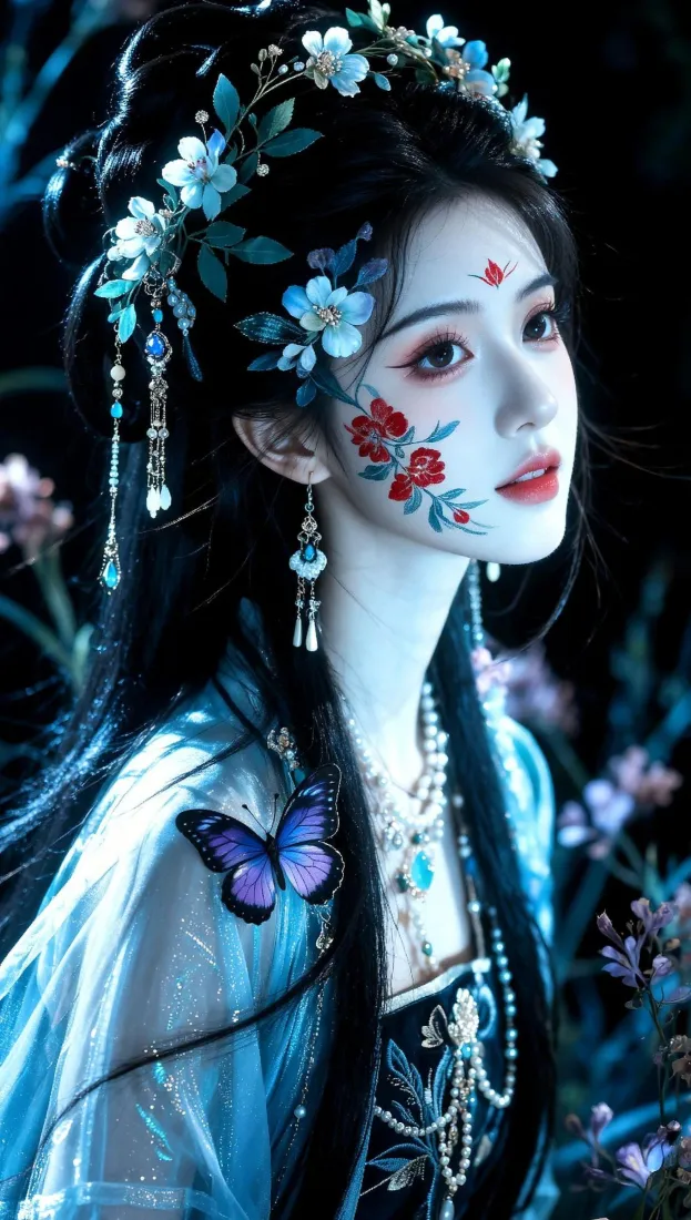 古风蓝衣女子手机壁纸｜暗调花蝶背景图片 - 面妆红花紫蝶「哲风壁纸」
