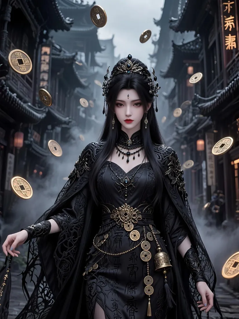 古风黑衣女子手机壁纸｜古街铜钱背景图片 - 冷艳御姐「哲风壁纸」