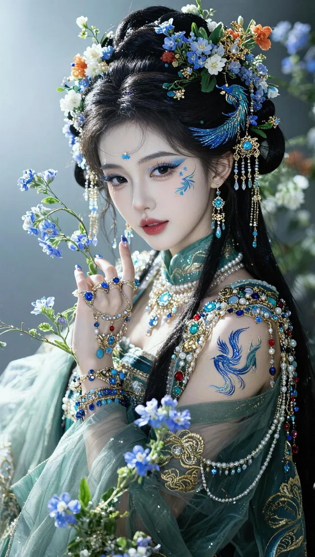 古风汉服女子手机壁纸｜蓝花珠饰背景图片 - 绿衣花钿「哲风壁纸」