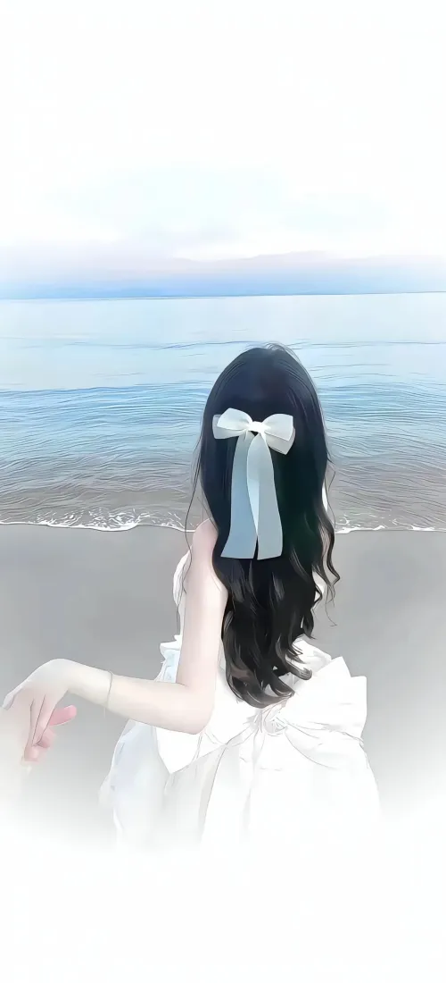 海边少女背影手机壁纸｜清新治愈背景图片 - 白裙长发海边氛围感「哲风壁纸」
