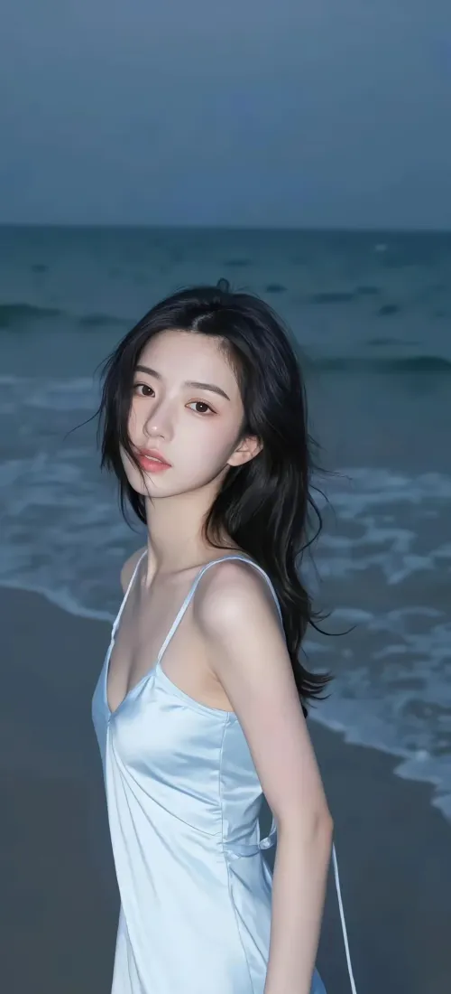 海边美女手机壁纸｜蓝调海滩背景图片 - 吊带长裙氛围感「哲风壁纸」