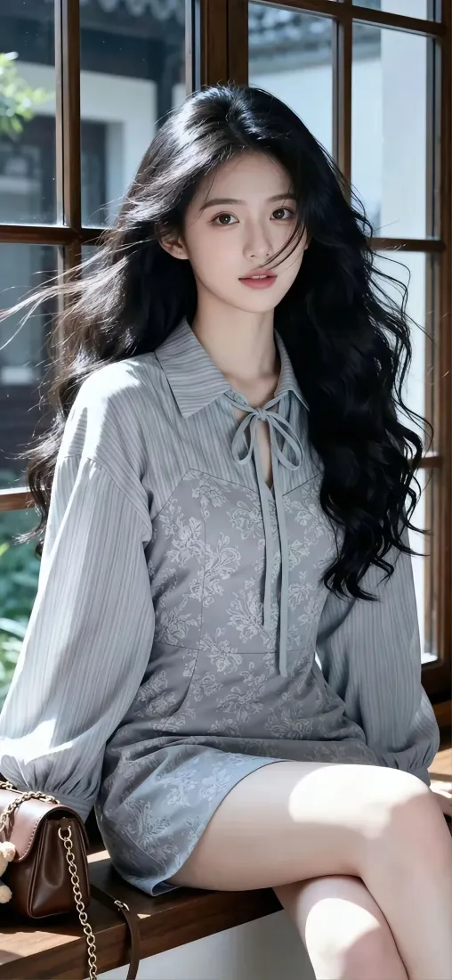 气质美女手机壁纸｜窗边写真背景图片 - 灰裙长卷发氛围感「哲风壁纸」