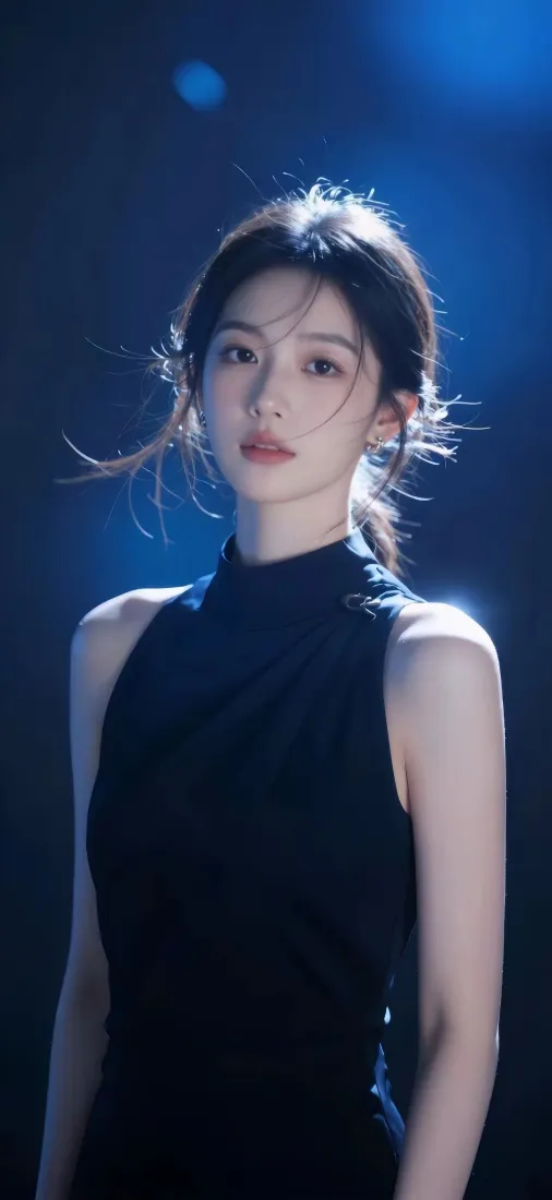 清冷女生｜蓝色逆光背景图片 - 黑裙氛围感写真「哲风壁纸」