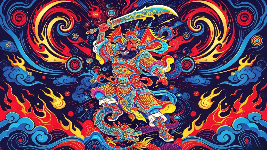 3k门神插画｜国潮风背景图片 - 祥云火焰青龙元素「哲风壁纸」
