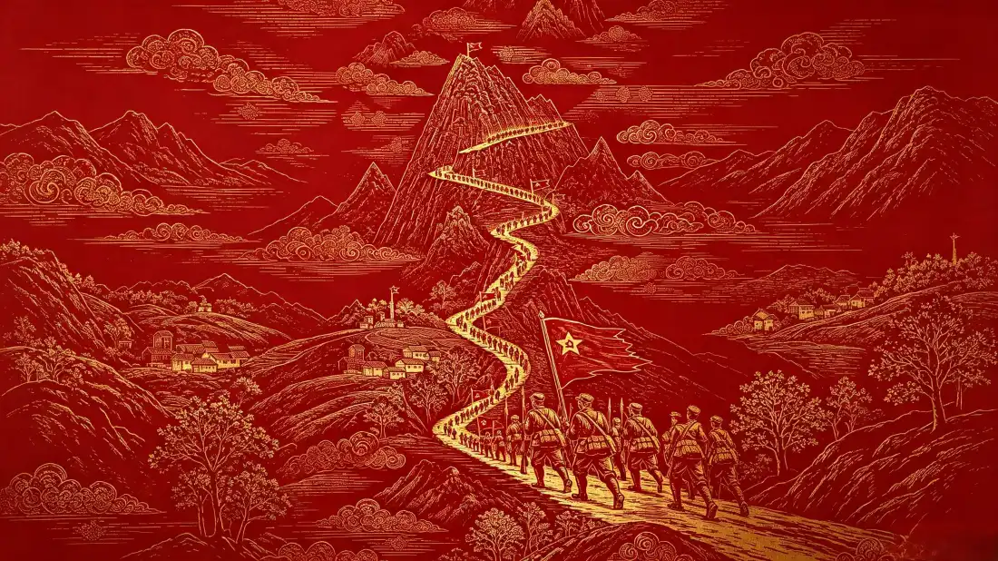 3k长征主题浮雕壁纸｜红色背景图片 - 红军行军群山征途「哲风壁纸」