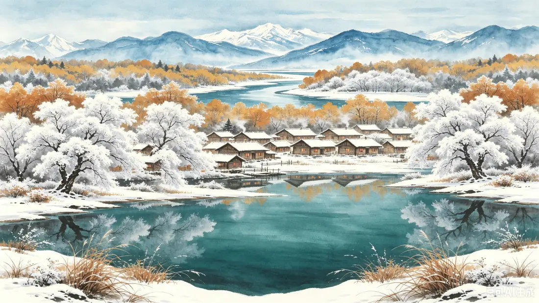 3k冬日雪村｜胡杨雾凇湖景背景图片 - 雪山村落静谧雪景「哲风壁纸」