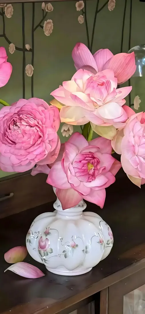 粉莲花手机壁纸｜家居桌面背景图片 - 白瓷花瓶插花「哲风壁纸」