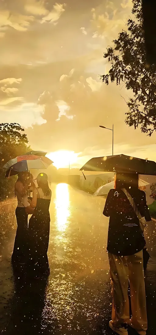情侣手机壁纸｜黄昏雨景背景图片 - 河畔共伞落日氛围「哲风壁纸」