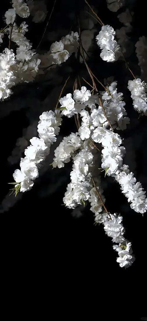 梨花手机壁纸｜黑色背景图片 - 夜晚垂吊白色花簇「哲风壁纸」