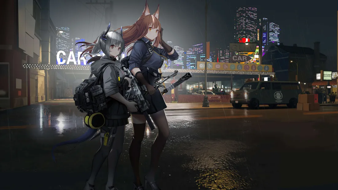 7k明日方舟壁纸｜雨夜都市背景图片 - 兽耳少女持枪街景「哲风壁纸」