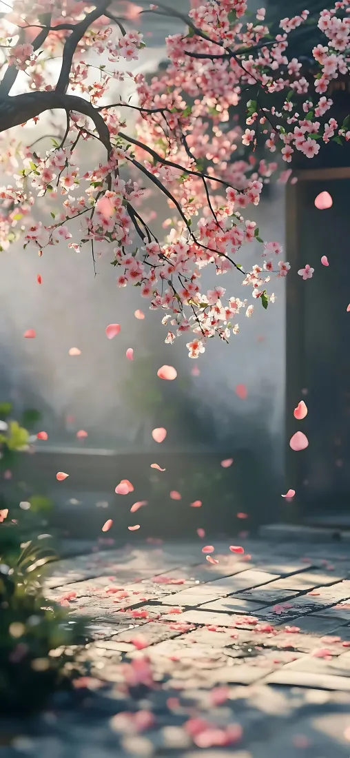 樱花庭院手机壁纸｜古风背景图片 - 落樱石板路景致「哲风壁纸」