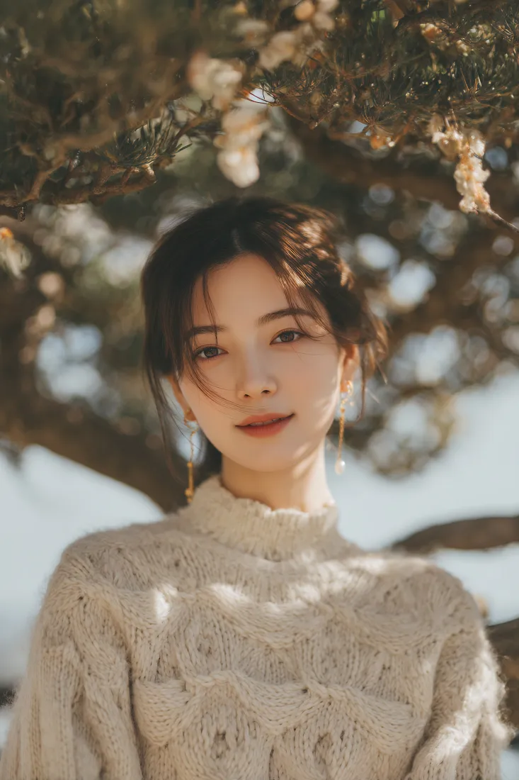 温柔女性手机壁纸｜户外光影背景图片 - 米色针织衫人像「哲风壁纸」