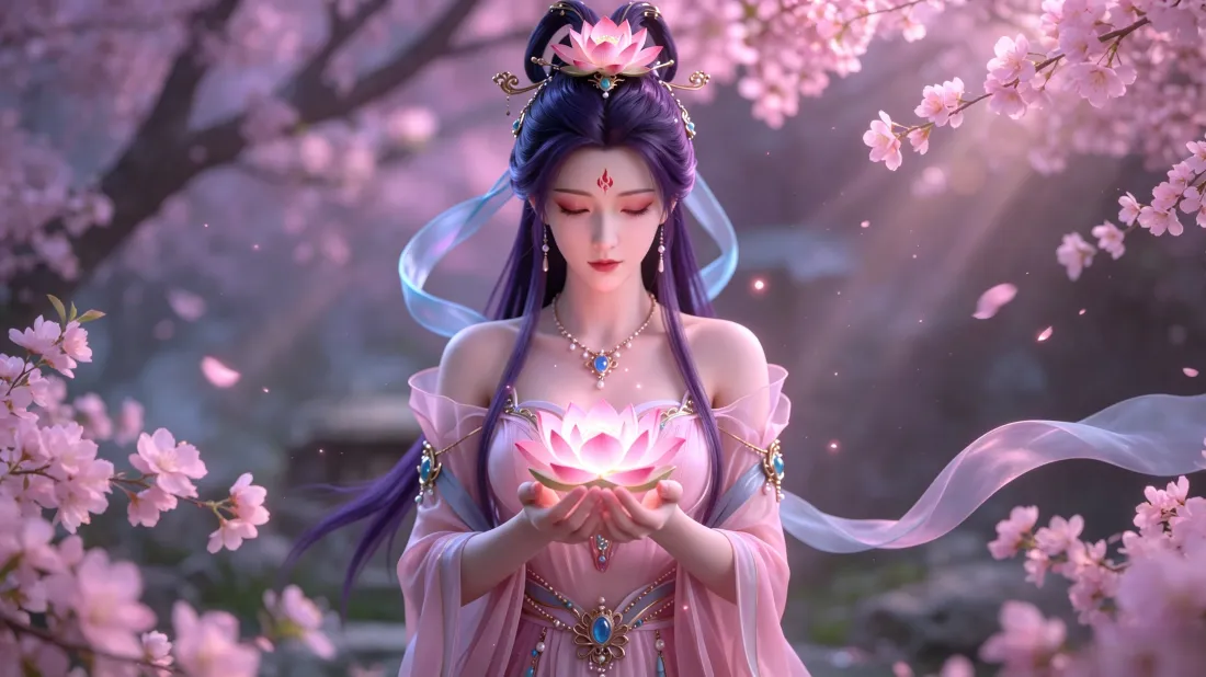 3k古风仙女壁纸｜樱花飘落背景图片 - 手捧发光莲花「哲风壁纸」