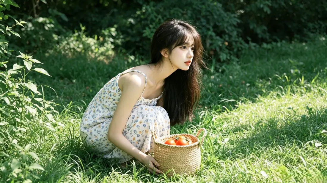 3k碎花裙少女｜户外草地背景图片 - 夏日田园清新写真「哲风壁纸」