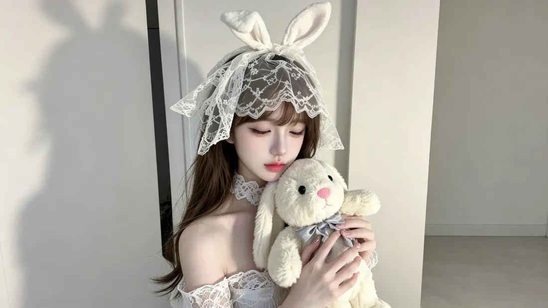 3k兔耳发饰少女｜背景图片 - 抱毛绒兔子室内人像「哲风壁纸」