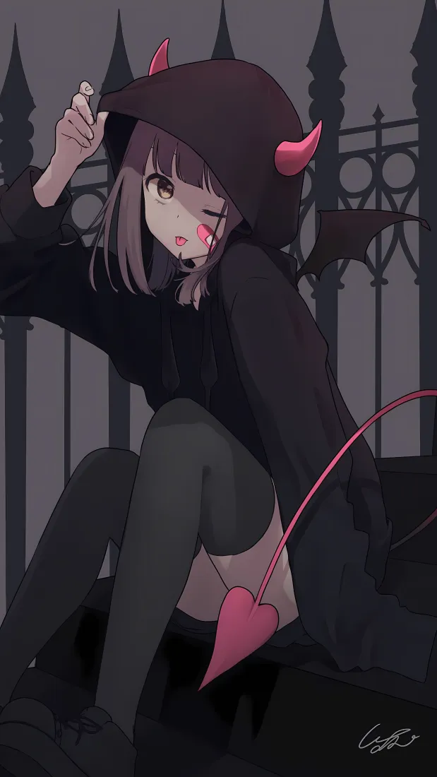 七濑胡桃手机壁纸｜恶魔装少女背景图片 - 暗黑风小恶魔造型「哲风壁纸」