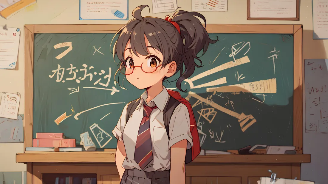 6k二次元女孩壁纸｜教室背景图片 - 校服马尾戴眼镜女学生「哲风壁纸」
