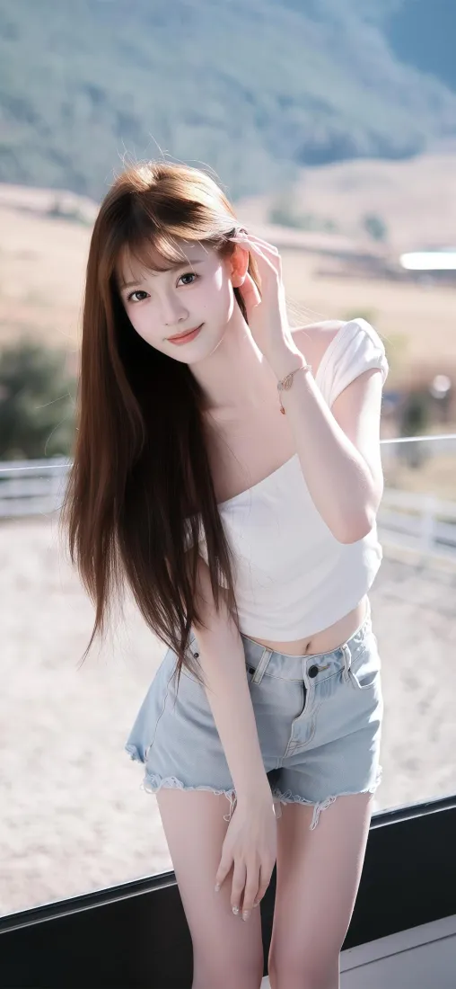 甜妹美女手机壁纸｜户外阳台背景图片 - 白抹胸牛仔短裤穿搭「哲风壁纸」