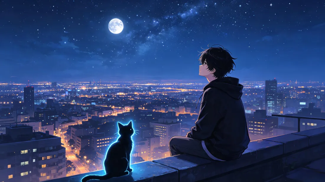 4k少年与黑猫壁纸｜月夜城市背景图片 - 天台星空「哲风壁纸」