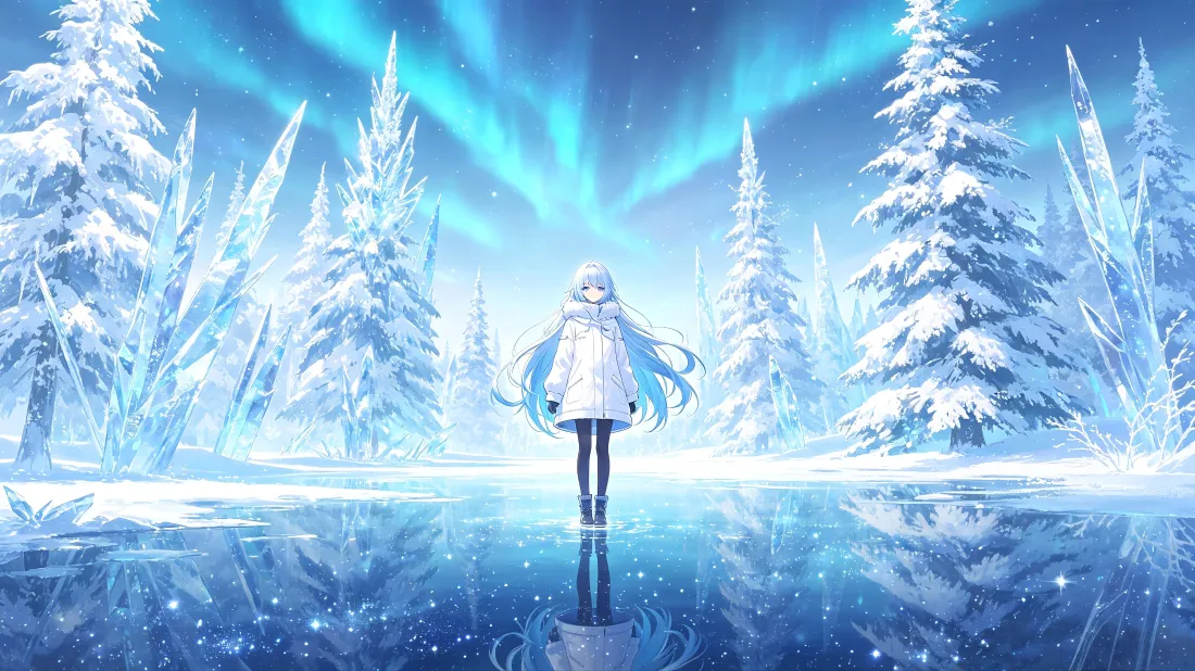 4k冰雪少女壁纸｜极光雪地背景图片 - 冰面雪松「哲风壁纸」