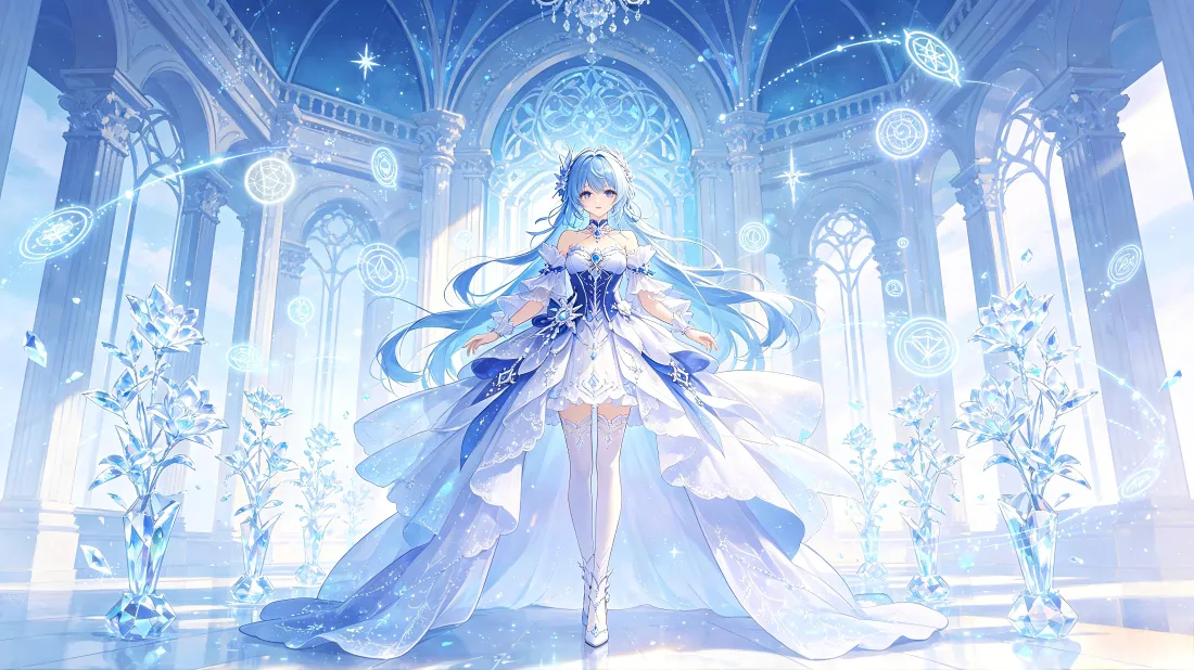 4k蓝发少女壁纸｜水晶宫殿背景图片 - 梦幻礼服「哲风壁纸」